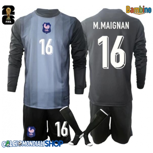 Maglie da calcio Francia Mike Maignan #16 Portiere Prima Maglia Bambino Mondiali 2026  Manica Lunga + Pantaloni corti)